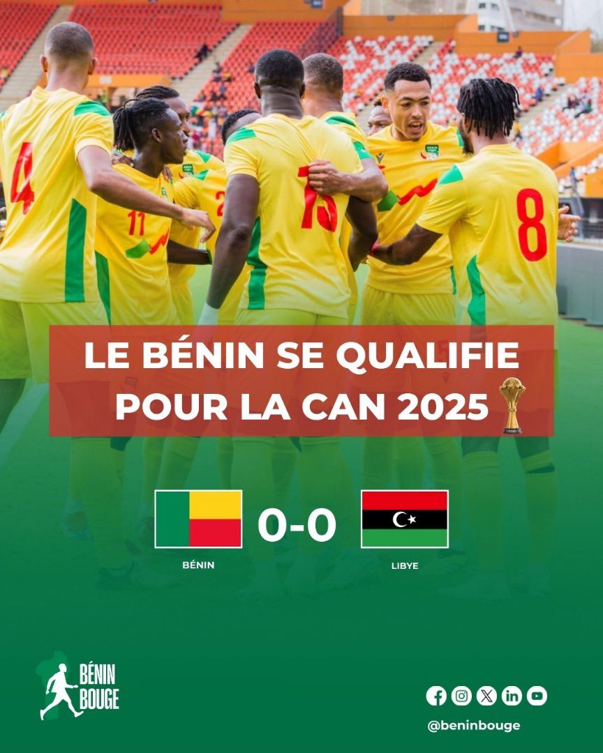 🇧🇯⚽ Le Bénin se Qualifie pour la CAN 2025 au Maroc !

Bravo à toute l’équipe pour cette belle performance ! 

Le pays tout entier est fier de vous ! 💚💛❤️

#BeninBouge #CAN2025 #GuepardsDuBenin