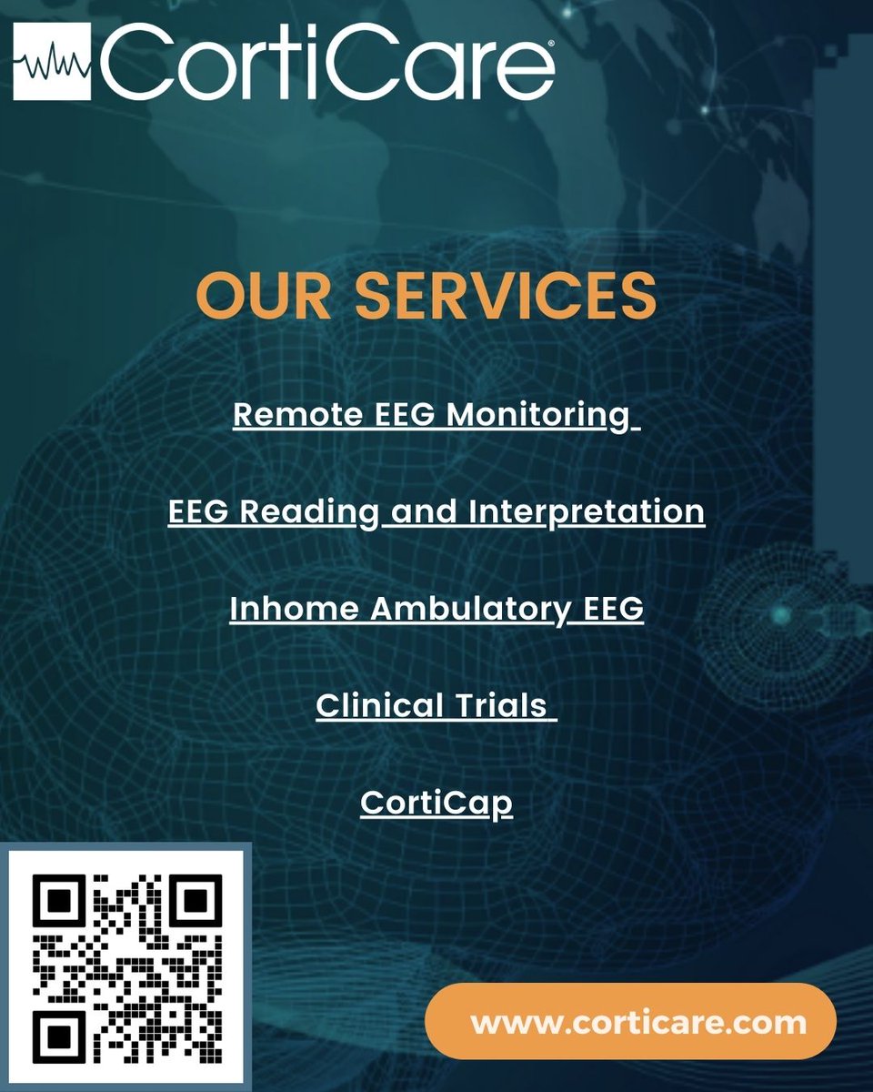 corticare's tweet image. Curious how CortiCare can support you and your patients? Scan the QR code to access our site and download our brochures on:
- Remote EEG Monitoring
- EEG Reading
- Ambulatory EEG
- Clinical Trials
- CortiCap

#EEGMonitoring #Neurodiagnostics #Telehealth #PatientCare