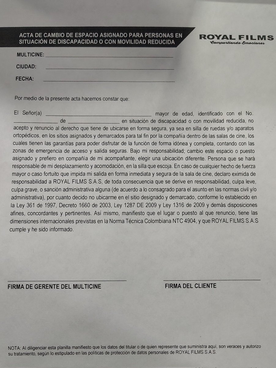 ¡QUÉ MAL! <a href="/RoyalFilmsCol/">Royal Films</a> Ir a cine, y por tener discapacidad,  tener que firmar algo, no es lo más inclusivo. Este "consentimiento" atenta contra la autonomía y dignidad (está en la normatividad actual). En otros teatros no se hace. Es segregación más que inclusión.
<a href="/mincultura/">MinCultura Colombia</a>
