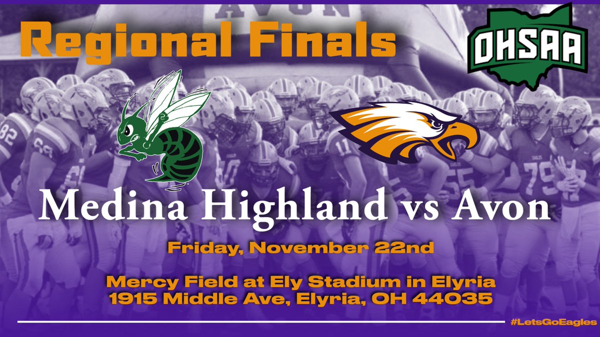 avoneagles's tweet photo. Regional Finals!  Come out and support the Eagles on Friday at Ely Stadium in Elyria.  Game and Ticket Information can be found at https://t.co/BPZfccvxJY https://t.co/AZvm8gEu8Q