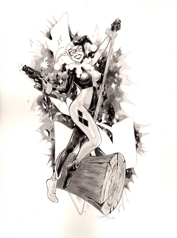 Harley Quinn original art commission by <a href="/lesliehung/">Leslie Hung</a>! 9x12! Her commission list remains full/closed…but SNOTGIRL returns next month and we WILL have the art! ALL pages + cover! Subscribe to our newsletter so you don’t miss the drop announcement! felixcomicart.com