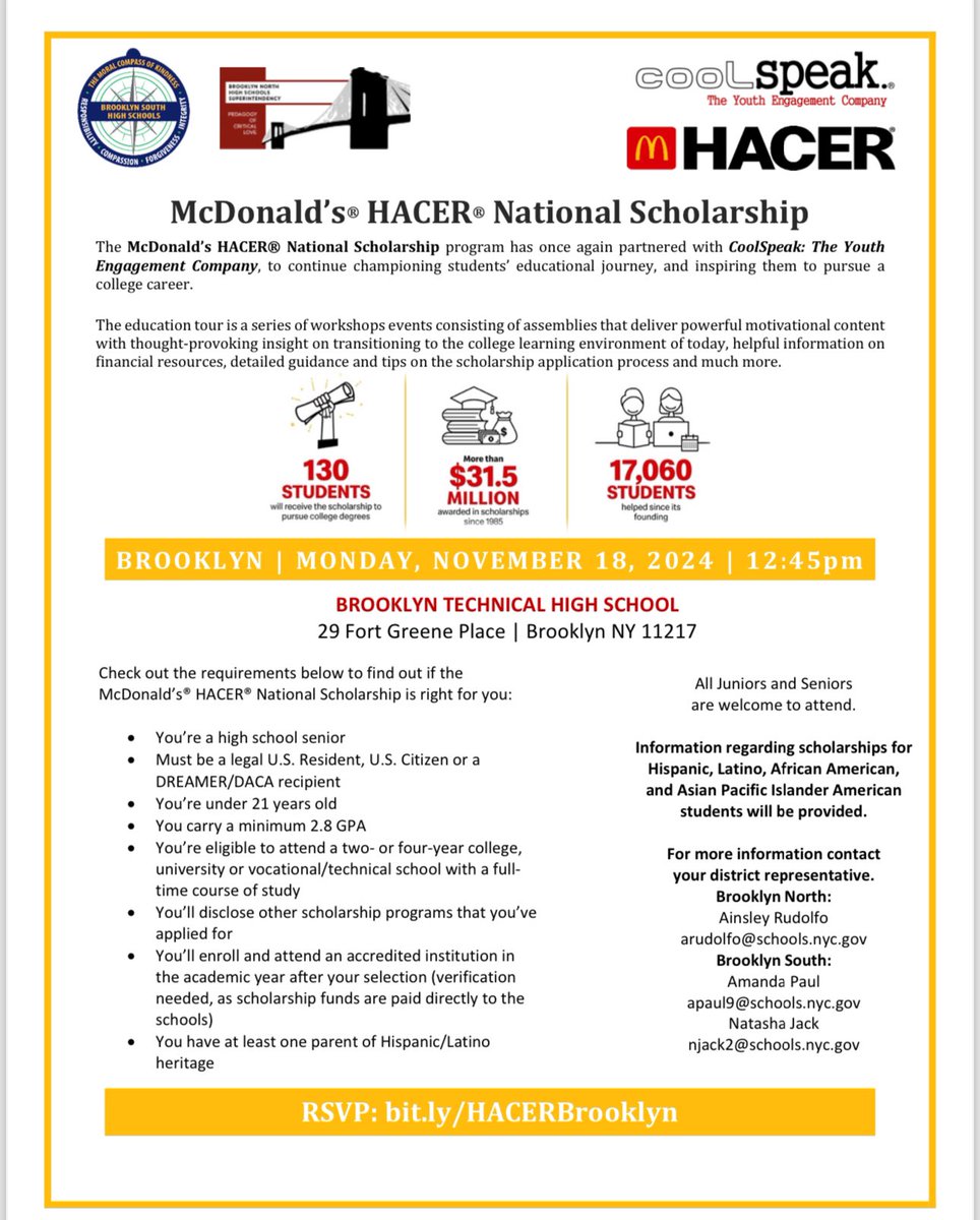 We are excited to welcome the HACER National Scholarship workshop to high school students across BK North &amp;South.This exciting workshop will include motivational speakers, a scholarship information session, The HACER National Scholarship Tour is a national tour stopping in BK