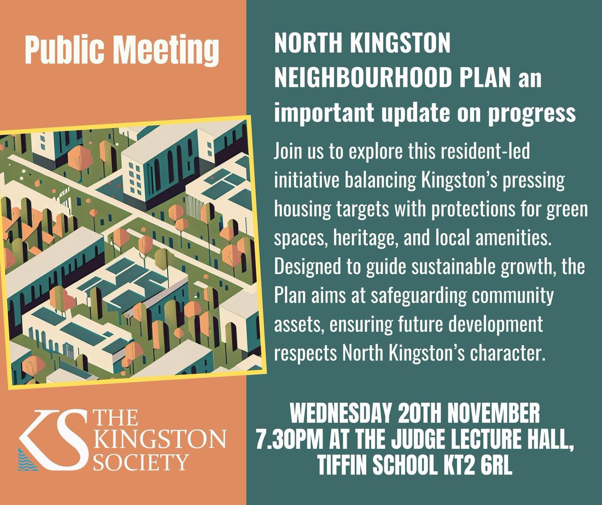 📢 You’re Invited! 
Join us for an important update on the North Kingston Neighbourhood Plan, a resident-led initiative shaping the future of our community!

WEDNESDAY 20TH NOVEMBER 7.30PM JUDGE LECTURE HALL
TIFFIN SCHOOL KT2 6RL

#NorthKingston #CommunityPlanning