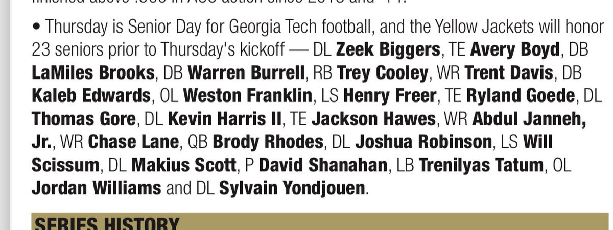 Kelly_Quinlan's tweet photo. Georgia Tech Senior Day honorees per the game notes. https://t.co/QxLcUNLrPC