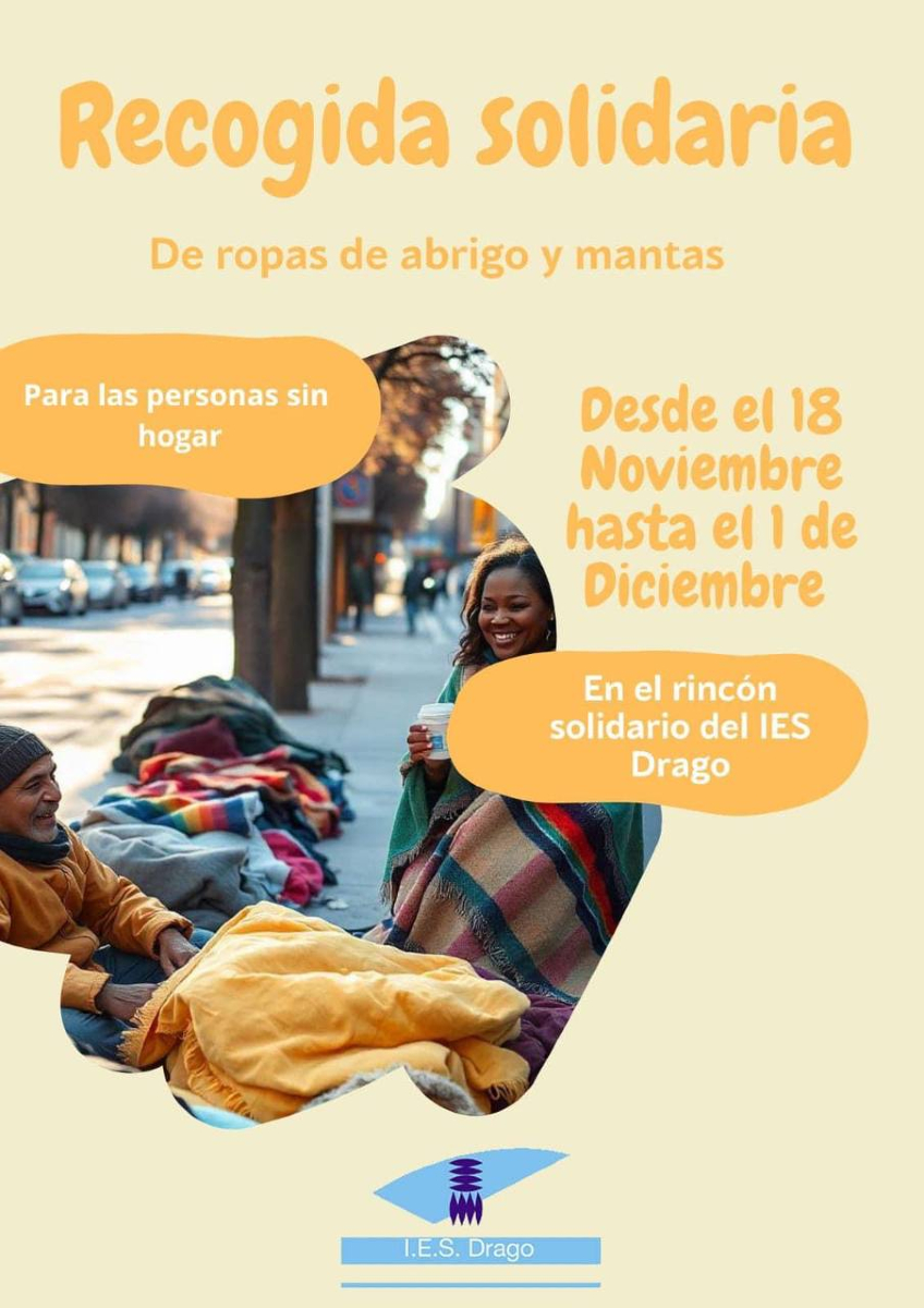 ⚠️Recogida solidaria⚠️ El IES Drago ha organizado una recogida aolidaria de prendas de abrigo y mantas para el colectivo de personas sin hogar. Desde hoy 18 hasta el 1 de Diciembre en el rincón solidario del instituto.
Difunde y colabora¡
#yoelijolapública 💚