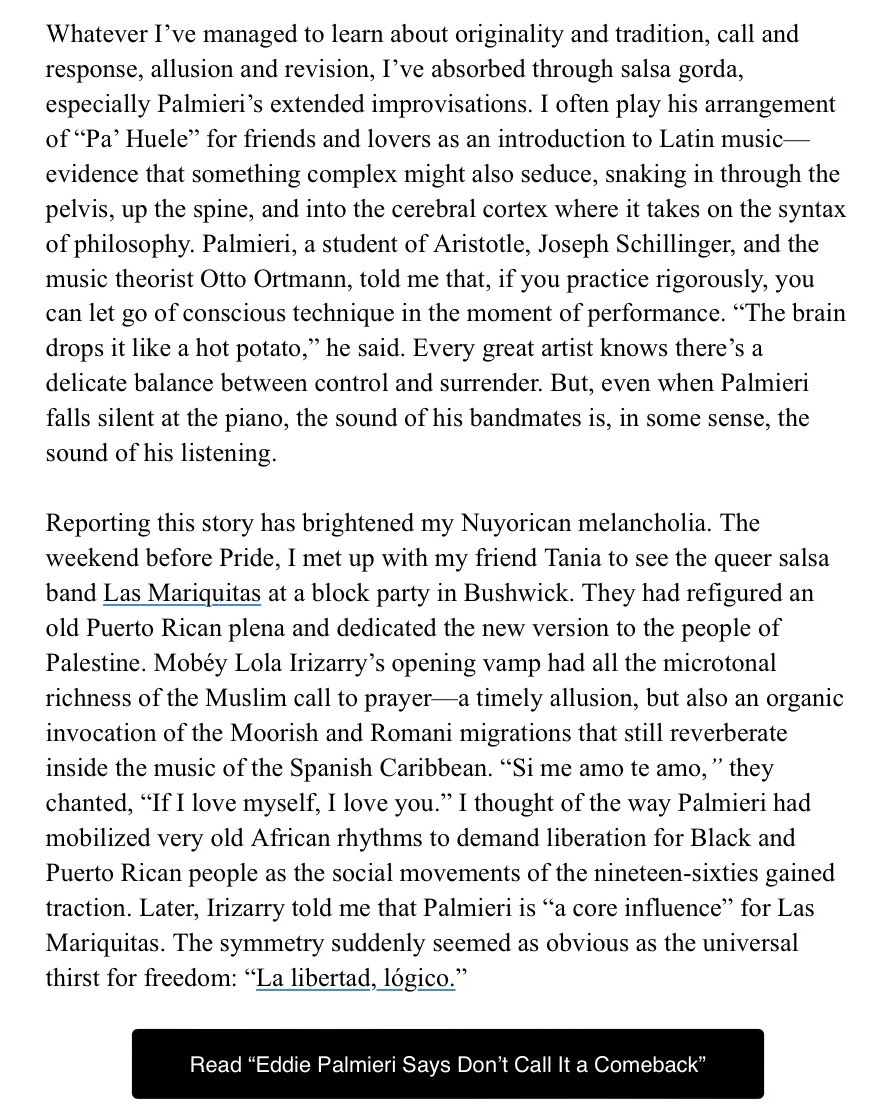 The wonderful people with the <a href="/NewYorker/">The New Yorker</a> newsletter let me squeeze in a few more words on <a href="/EddiePalmieri/">Eddie Palmieri</a> from a more personal angle, shouting out the queer band Las Mariquitas for extending salsa’s legacy of improvisation and resistance ❤️‍🔥