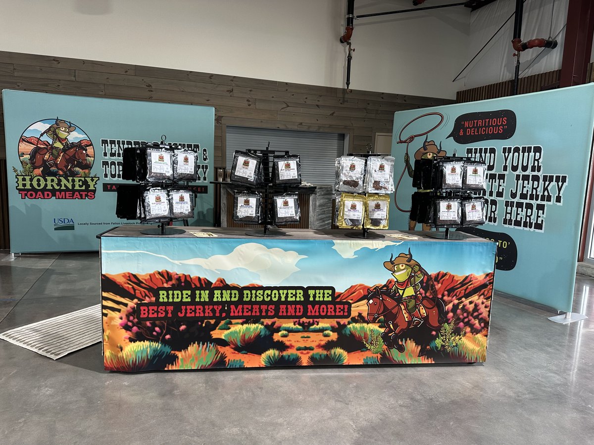 DoTradeshow's tweet photo. Check out the incredible setup at the Horney Toad Meats booth! 🎉 We're thrilled to have brought this vibrant display to life. From the eye-catching design to the mouth-watering products, it's a feast for the senses! What’s setup that draws you in? #BoothGoals https://t.co/E9X1C5pyQQ