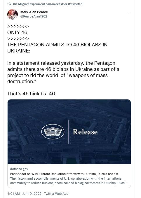 THE PENTAGON ADMITS TO 46 BIOLABS IN UKRAINE:  

In a statement released yesterday, the Pentagon admits there are 46 biolabs in Ukraine as part of a project to rid the world  of "weapons of mass destruction."

That's 46 biolabs. 46.

x.com/PearceAlan1962…