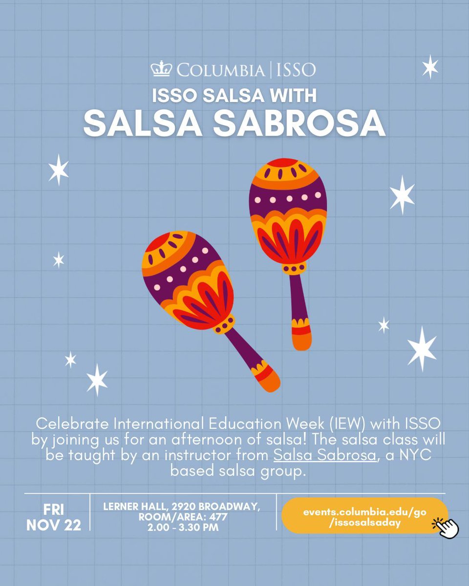 Celebrate International Education Week (IEW) with ISSO by joining us for an afternoon of salsa! The salsa class will be taught by an instructor from Salsa Sabrosa, a NYC based salsa group.

Rsvp: buff.ly/3URcsUU