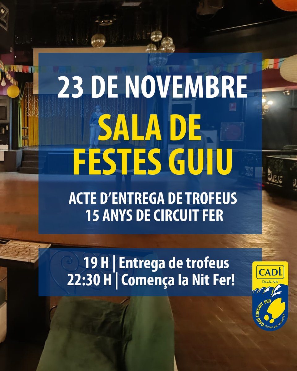 Ja teniu marcat al calendari el dia en què obrim la sala de festes Guiu?

📅23/11/2024
📍Sala de Festes Guiu | La Seu d’Urgell
🏆19 h | Entrega de trofeus
💃🏻22:30 h | Festa Fer!

Un gran vespre de celebració dels 15 anys del Circuit Fer, us el perdreu?
#CircuitFer #CircuitFer2024