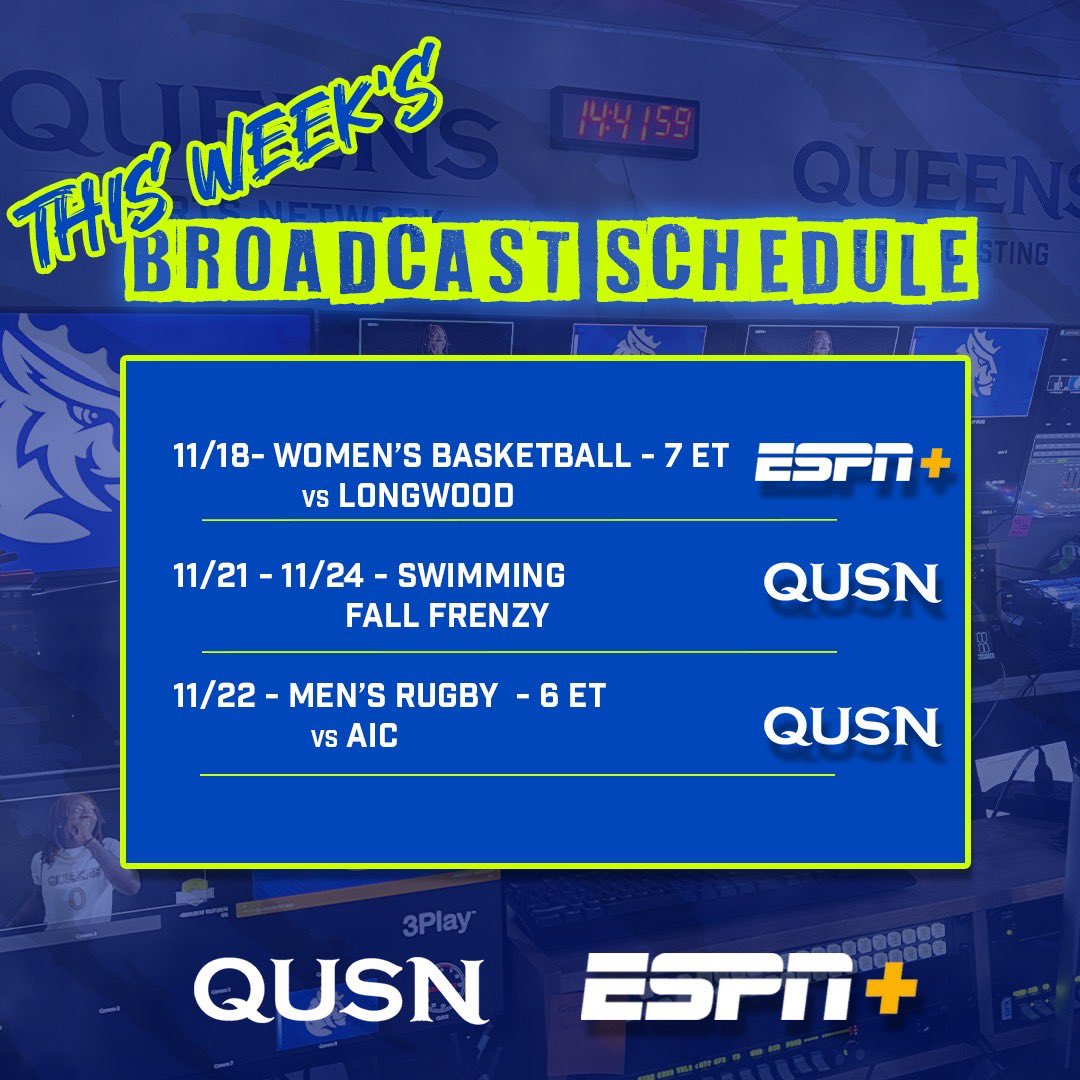 QUSportsNetwork's tweet photo. 📣THIS WEEK’S BROADCAST SCHEDULE📣

🏀Make sure to tune into Women’s Basketball tonight at 7pm! 

Swimming’s Fall Frenzy all weekend and Men’s Rugby playoff game on Friday night!

📺Women’s Basketball on ESPN+
📺Swimming on QUSN
📺Rugby on QUSN Youtube

➡️All links in bio https://t.co/ETNshILmdE