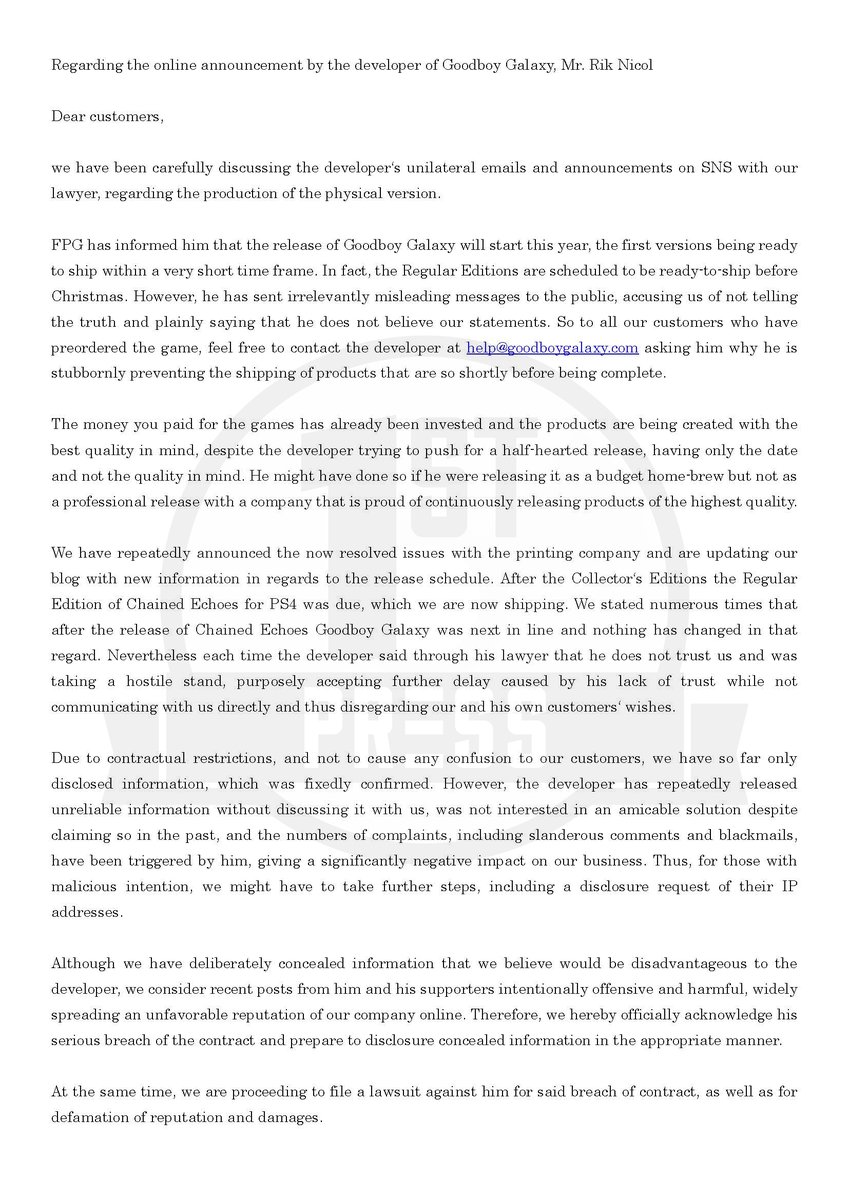 FirstPressGames's tweet photo. Thank you for your continued support of our company.
We would like to issue a statement regarding "Goodboy Galaxy developer Mr. Rik Nicol's announcement."
We apologize for the length of the statement, but we kindly ask you to take the time to read it.

First Press Games GmbH https://t.co/aYgmIUWF8E