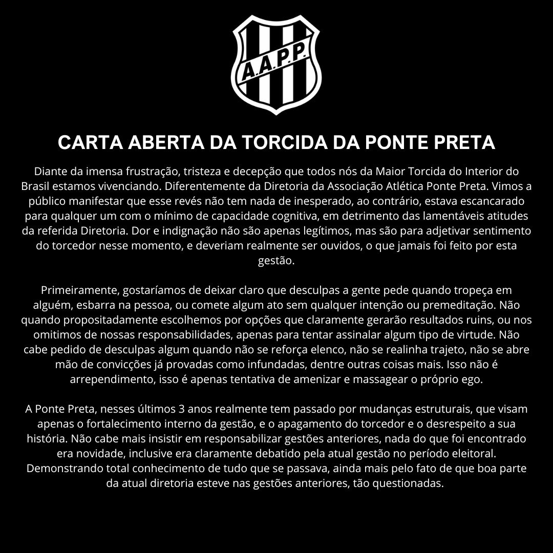 macacastaapp's tweet photo. CARTA ABERTA DA TORCIDA DA PONTE PRETA https://t.co/BM4KBE61Lc