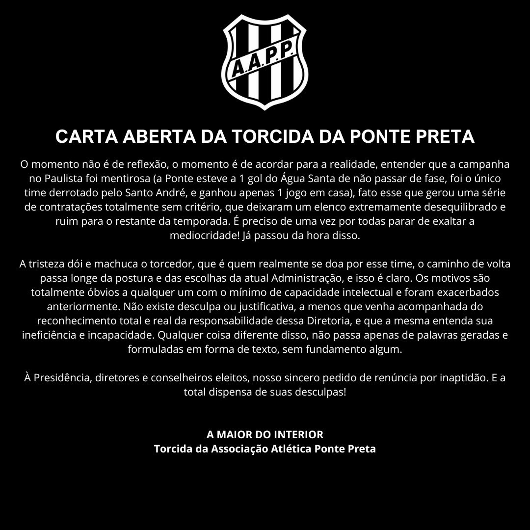 macacastaapp's tweet photo. CARTA ABERTA DA TORCIDA DA PONTE PRETA https://t.co/BM4KBE61Lc