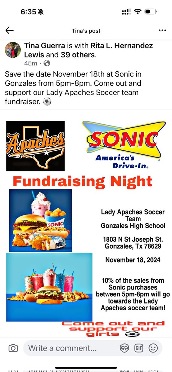Come out and support your Lady Apaches! Mention you are ordering fir Gonzales girl's Soccer! <a href="/BoosterApache/">Gonzales Apache Athletic Booster Club</a> <a href="/ApachesGHS/">Apache Athletics</a> <a href="/apache_M_Soccer/">Gonzales Apaches FC</a> <a href="/Apaches_GHS/">Gonzales HS Apaches</a>