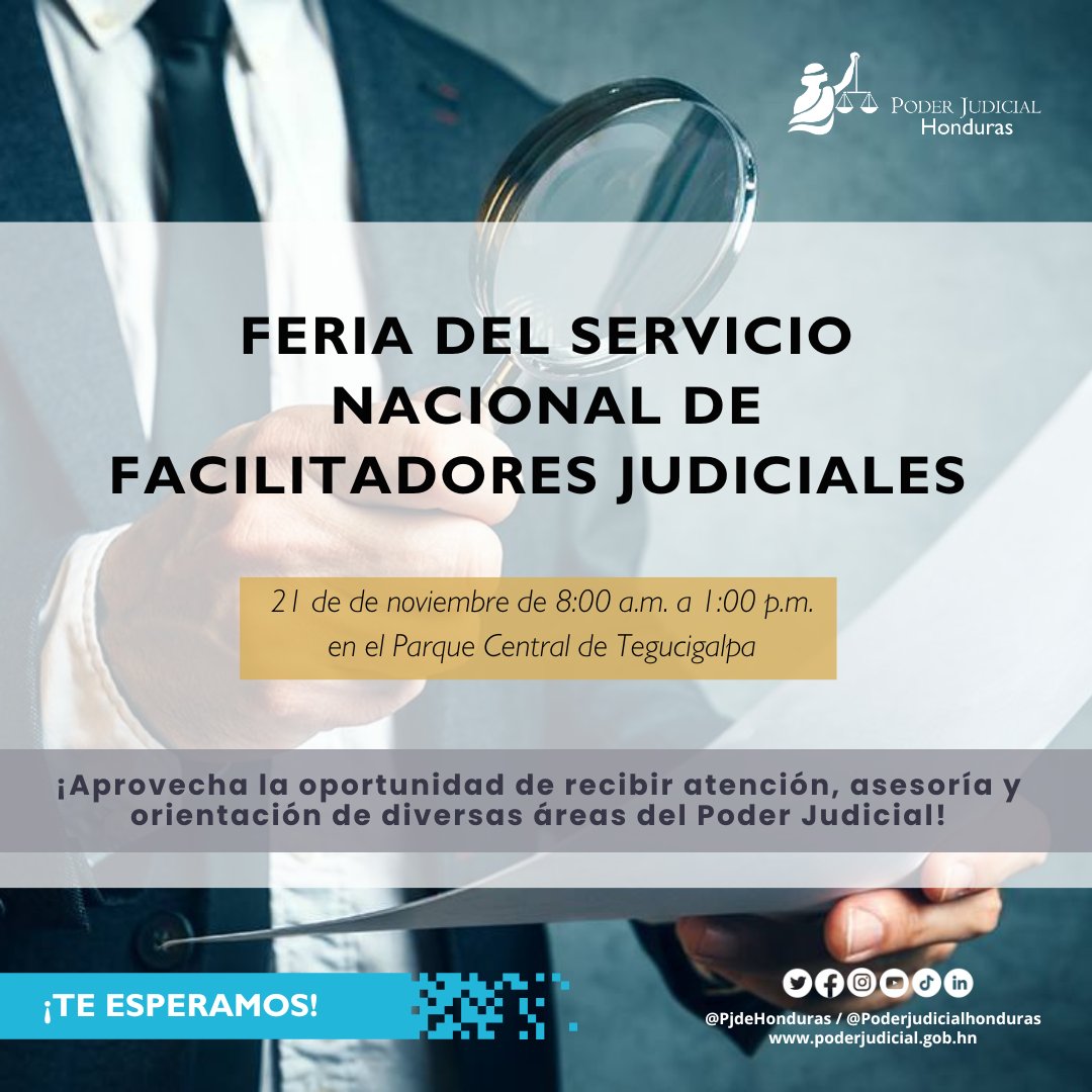 PJdeHonduras's tweet photo. ¡No faltes a la Feria del Servicio Nacional de Facilitadores Judiciales!
Este 21 de noviembre, en el Parque Central de Tegucigalpa, tendrás acceso a atención, asesoría y orientación gratuita en diversas áreas del Poder Judicial.
#Feria #SNFJ #PoderJudicial#Tegucigalpa https://t.co/8KV3ogjdkf