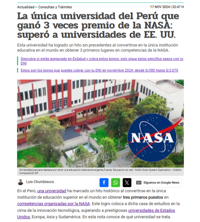 #UNIenMedios🌟 Somos reconocidos como la única universidad del Perú que ha ganado 3 premios de la NASA, superando a prestigiosas instituciones de EE. UU., Europa y Asia. Un logro que demuestra el impacto de nuestra innovación y talento. 🚀💡 #OrgulloUNI