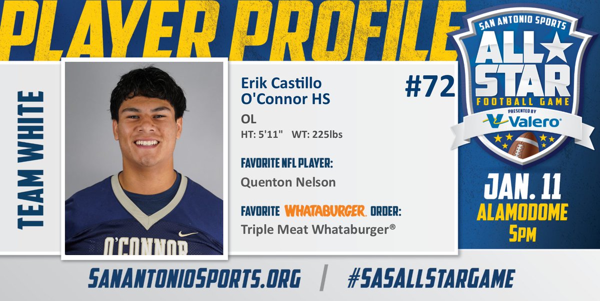San Antonio Sports (@sa_sports) on Twitter photo Meet <a href="/er1kcast1llo/">Erik Castillo</a> from <a href="/NISDOConnorHS/">O'Connor High School</a>
who will compete in the San Antonio Sports All-Star Football Game pres. by <a href="/ValeroEnergy/">Valero</a>
at the Alamodome on Jan. 11! #SASAllStarGame
<a href="/Whataburger/">Whataburger®</a> <a href="/BigQ56/">Quenton Nelson</a>
<a href="/NISD/">Northside ISD</a>
<a href="/NISD_Athletics/">NISD_Athletics</a>
<a href="/OCathletics1819/">O’Connor HS Athletics</a>
<a href="/ocpantherfb/">OC Panther Football</a> Meet <a href="/er1kcast1llo/">Erik Castillo</a> from <a href="/NISDOConnorHS/">O'Connor High School</a>
who will compete in the San Antonio Sports All-Star Football Game pres. by <a href="/ValeroEnergy/">Valero</a>
at the Alamodome on Jan. 11! #SASAllStarGame
<a href="/Whataburger/">Whataburger®</a> <a href="/BigQ56/">Quenton Nelson</a>
<a href="/NISD/">Northside ISD</a>
<a href="/NISD_Athletics/">NISD_Athletics</a>
<a href="/OCathletics1819/">O’Connor HS Athletics</a>
<a href="/ocpantherfb/">OC Panther Football</a>