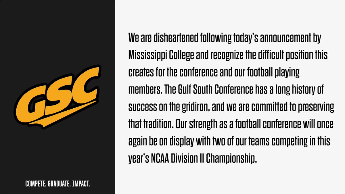 GSC official announcement regarding Mississippi College.

MC's Announcement: mc.edu/news/important…
