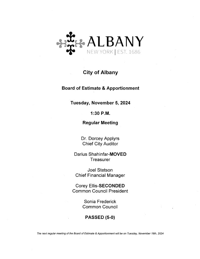 The approved agenda for Tuesday, November 5th , 2024, Board of Estimate and Apportionment meeting is available on the city website:
albanyny.gov/AgendaCenter/B…