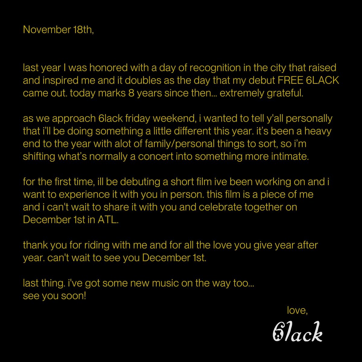 6LACK's tweet image. happy Nov. 18th— 8 years since FREE 6LACK

ATL celebration in the works 🔒