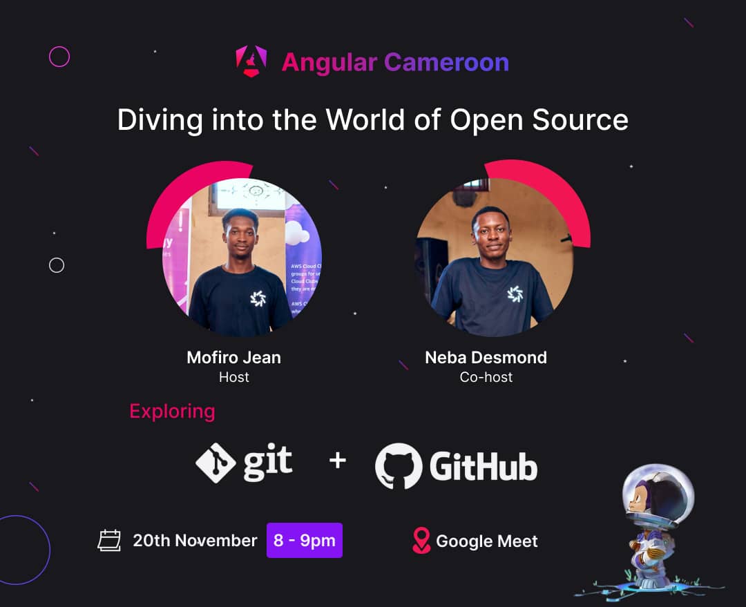 Join Angular Cameroon's first ever event🥳🥳

Discover the power of open source, learn Git &amp; GitHub, and kickstart your collaboration journey🤓

This Wednesday, 20th November, 8PM | Virtual Event

RSVP Now: lu.ma/c761ms9j

#opensource #Git #GitHub #NgCameroon