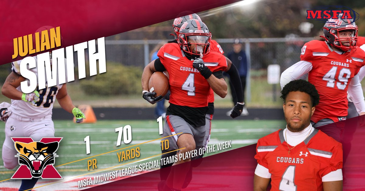 SXU Athletics (@sxuathletics) on Twitter photo Congrats to Julian Smith from <a href="/SXUFootball/">SXU Football</a> on being named the MSFA Midwest League Special Teams Player of the Week! #GoCougs🐾🏈 #WeAreSXU Congrats to Julian Smith from <a href="/SXUFootball/">SXU Football</a> on being named the MSFA Midwest League Special Teams Player of the Week! #GoCougs🐾🏈 #WeAreSXU