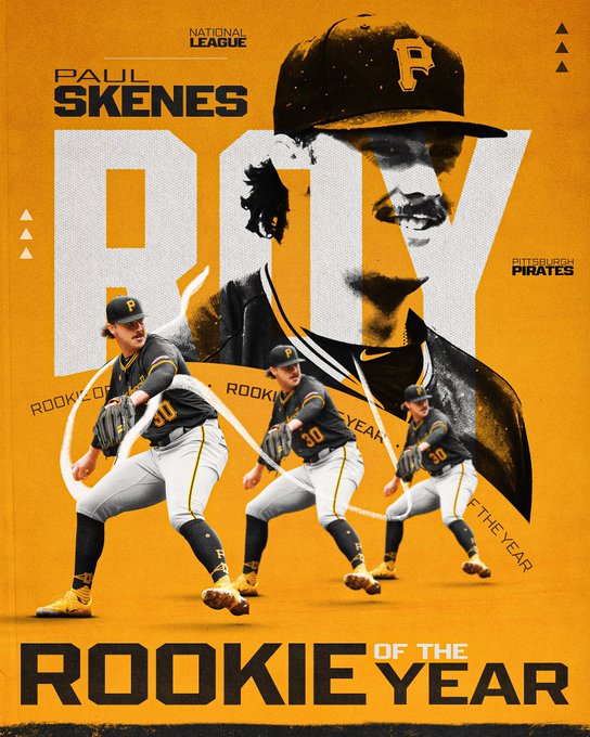 Paul Skenes - National League Rookie of the Year Pictured: Three cutouts of Paul Skenes pitching stagger downward (from left to right) in size. A larger headshot of Skenes fills the yellow background. He wears a black Pirates uniform.