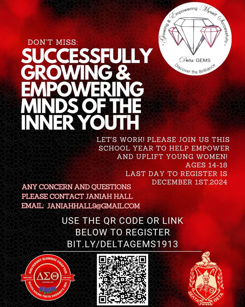 Holly_Lawson713's tweet image. Salisbury Alumnae Chapter’s  Delta GEMS will be hosting. We will be working together to help empower and uplift Young Women ages 14-18. Register by Dec 1st; using the QR code or the link Bit.ly/DELTAGEMS1913

#DST1913 #DeltaGEMS 

The Dr. Jeanne L. Noble Delta GEMS Institute