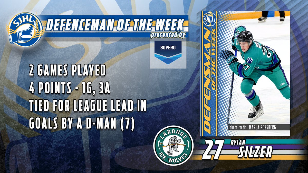 theSJHL's tweet photo. @sgeu @SJHL_NorthStars @BourgaultAg @SJHL_IceWolves 🚨 #SuperU Defenceman of the Week! 🚨

Rylan Silzer of the @SJHL_IceWolves!

📸: Marla Possberg #SJHL #StayHerePlayHere https://t.co/MNNau2jDJ4