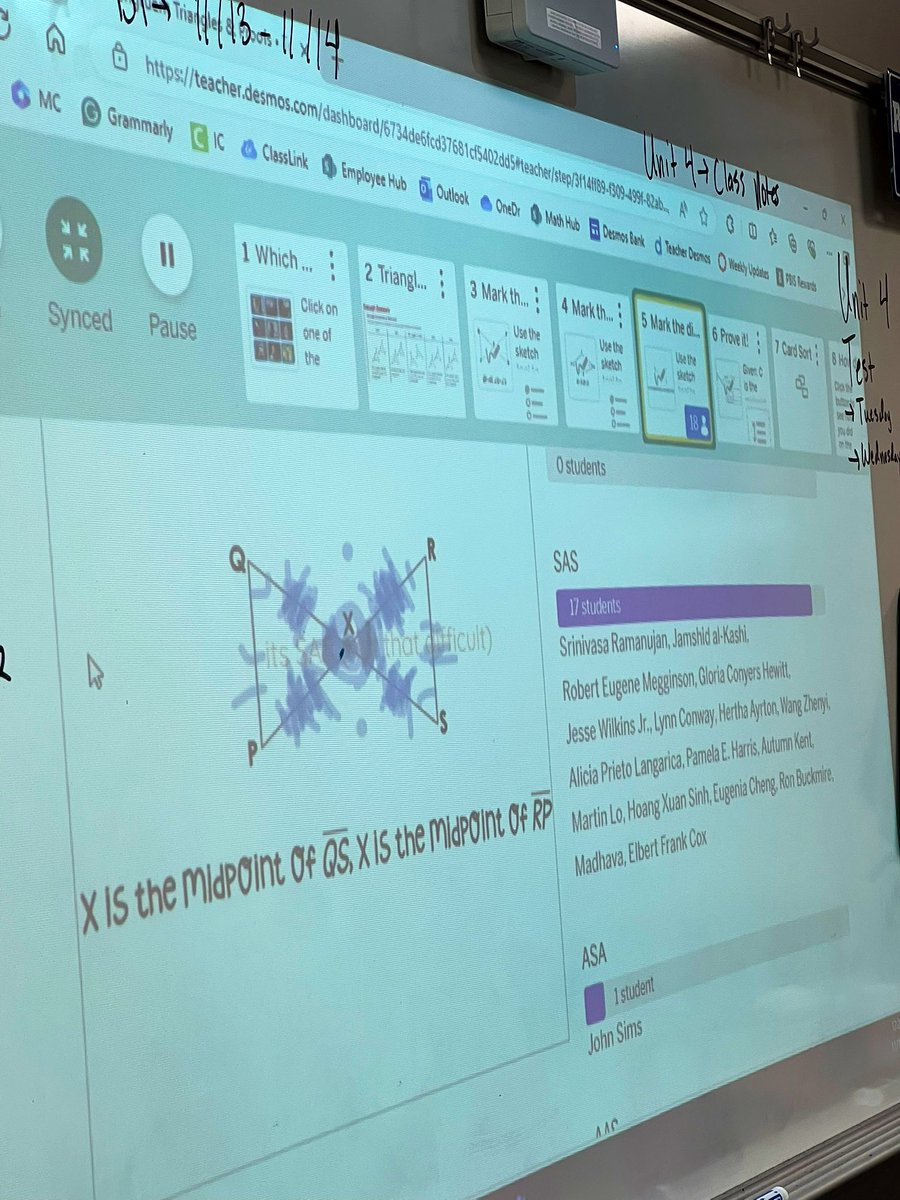 Dr_DSchulte's tweet image. I noticed my ss struggling w/ figure labeling after grading a formative on proofs. I used the @Desmos overlay to practice sketching congruent parts, helping them determine the right postulate. It’s great for comparing answers and discussing misconceptions! @desmosclassroom #mtbos