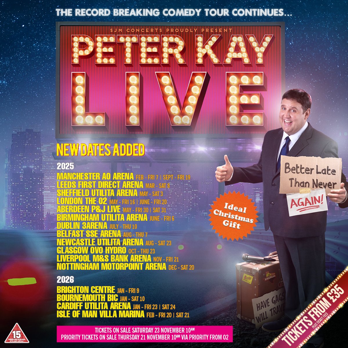 Peter Kay extends his record-breaking comedy tour in the UK. Priority Tickets exclusively available to <a href="/O2/">O2</a>  and <a href="/virginmedia/">Virgin Media ❤️</a> broadband customers from Thursday 10am, 48 hours before general sale. 

Only on Priority from O2 priority.o2.co.uk