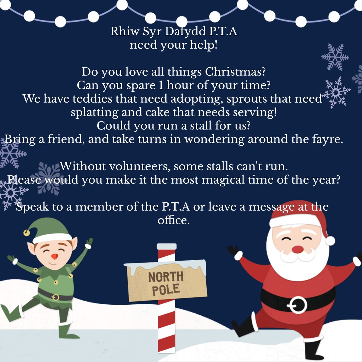 FriendsofRSDP's tweet image. 🎄⛄️WE NEED VOLUNTEERS ⛄️🎄
To be able to run Rhiw Syr Dafydd's Christmas fayre on Friday 29th we need volunteers. If you are able to help out at all, please speak to a member of the PTA.