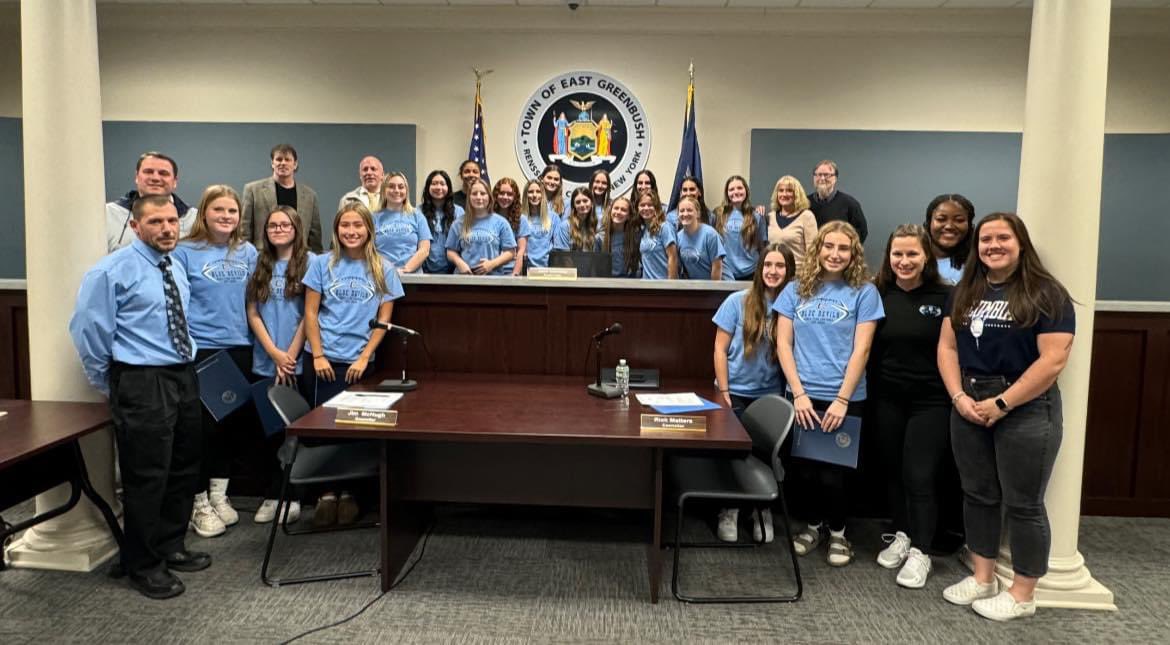 The Columbia Girls Varsity Flag Football team was invited to last week’s Town Hall Meeting for their outstanding Inaugural Season! Thank you to the EG Town Board for recognizing the team on their Section 2 &amp; Regional Championships + State Semifinal appearance last Spring!