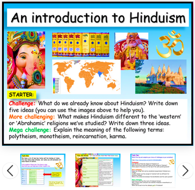 We've been adding more new
lessons to the site today! Including this Introduction to Hinduism, part of our Complete Year 8 RE scheme. You can download it from here - enjoy! shorturl.at/XBvVQ #reteachers #edchat #ukedchat #REchatuk #teachersofx #RE #religiousstudies