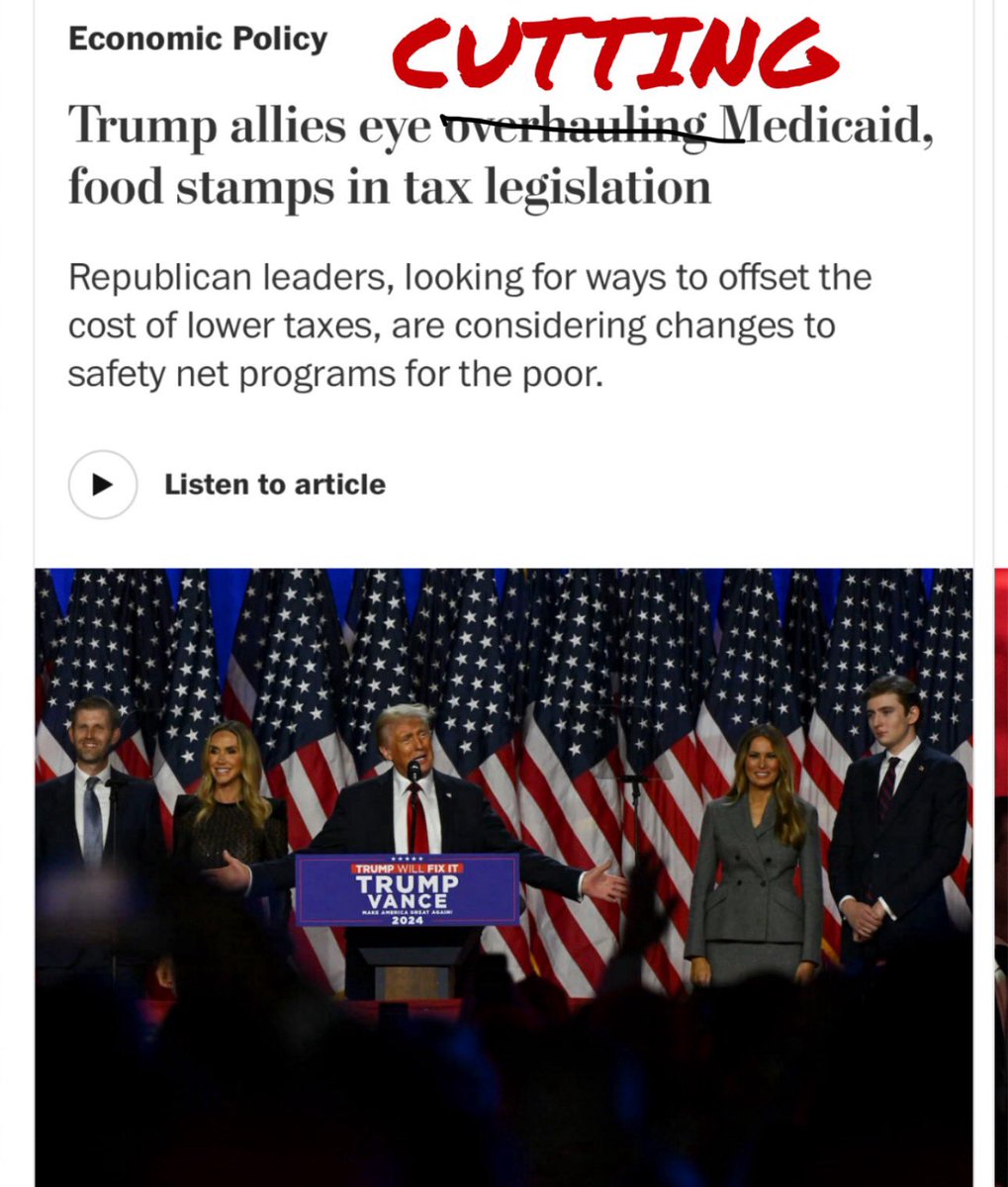 TheTNHoller's tweet photo. Here @WashPost we fixed your headline 

“Trump’s advisers &amp; congressional Republicans discussing significant changes (cuts) to Medicaid, food stamps &amp; safety net programs to offset enormous cost of extending Trump’s tax cuts (for the rich)…” https://t.co/cgsvVDjbU5 https://t.co/GDVlnETqT4
