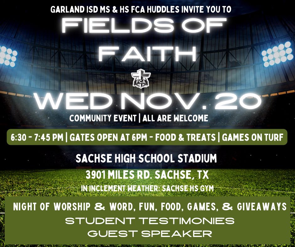 SachseFCA's tweet photo. Come out to FCA Fields of Faith THIS WEDNESDAY! 
We get to transform our stadium field used for sports into a Field of Faith! Spread the word and bring a crowd, it’s a community event- all ages are welcome! @gisdnews https://t.co/yBKgwiQ8TB