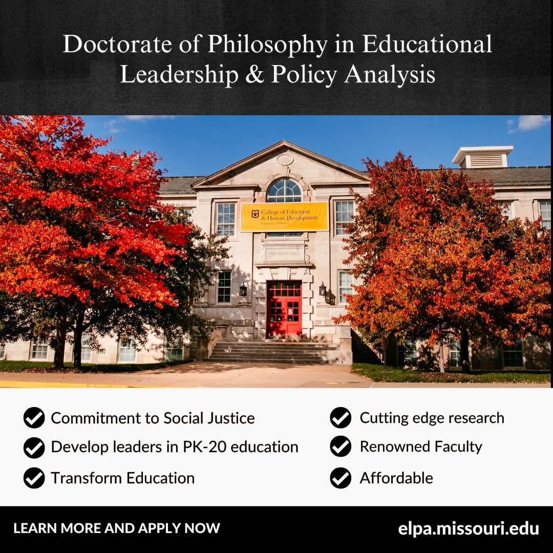 MizzouELPA's tweet photo. Ready to lead, innovate, and inspire in education? The University of Missouri’s PhD in Educational Leadership and Policy Analysis is your next step!🎓
Don’t miss your chance to join this incredible community—applications are open NOW! Deadline: January 15th. ⏳
#LeadLearnELPA https://t.co/Gqo61bgQ2H