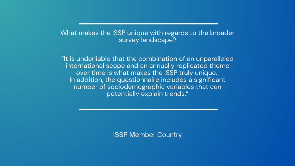 🎉 #ISSP40 🎉In the second part of our anniversary celebratory quotes, we will share with you what makes ISSP unique for our member countries. What makes ISSP unique for you? Please share #ISSP40 
👉Interested in joining the ISSP as a member? issp.org/members/applyi…
