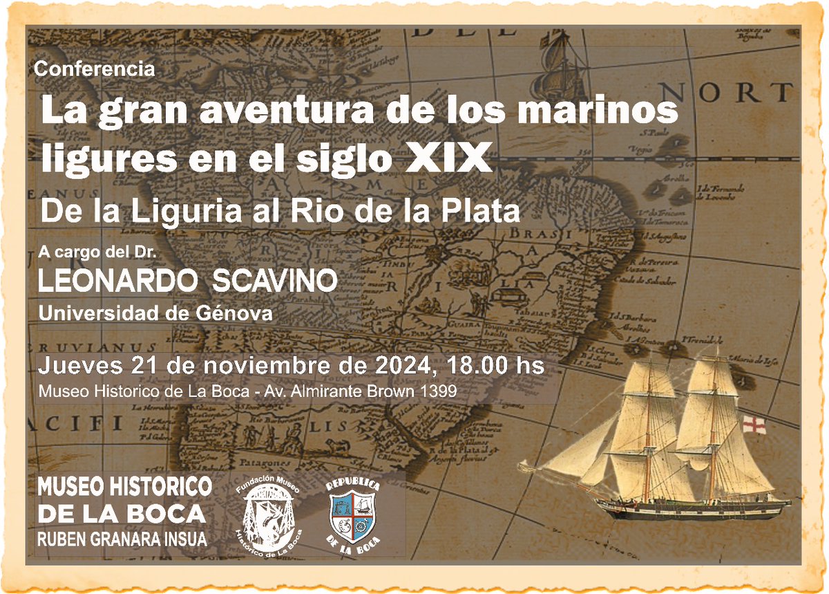 Los invitamos a la charla "La gran aventura de los marinos ligures en el S XIX", dictada x Leonardo Scavino de la <a href="/unigenova/">Università di Genova</a> y organizado x nuestros amigos del <a href="/museodelaboca/">Museo Histórico de La Boca</a> 

🗓21/11
⏱18:00
📍Av. Alte. Brown 1399 CABA

#MuseoLaBoca #LaBoca #Ligures #InmigracionItaliana #agacu