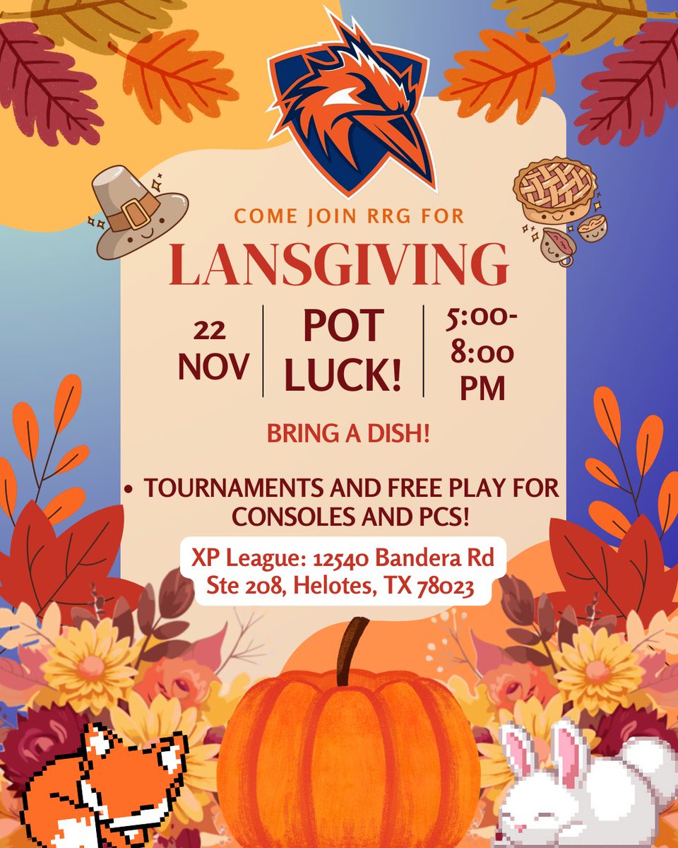 RRGUTSA's tweet image. 🍂🦃RRG Lansgiving! 🦃🍂
Gobble-Gobble on that stuffing, PumpKINGS and PilQUEENS. Join us this Friday at 5 PM at XP League for a night of food and fun!

🍗Bring a dish to share in the potluck! 🎮Tournaments/Free play!

Don’t be a cold turkey 🥶🦃 and let the gourd times roll. 😼