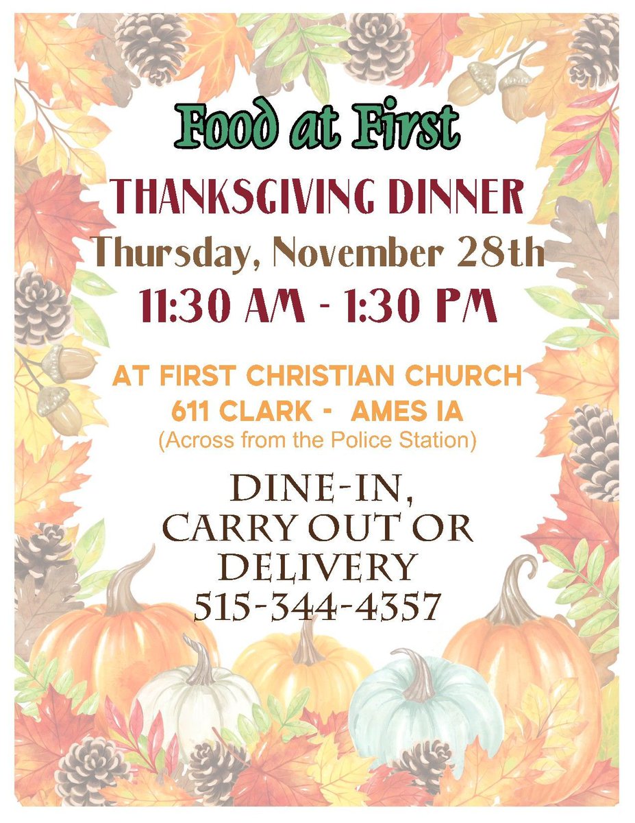 Food At First (@foodatfirst) on Twitter photo Food at First Thanksgiving 2024 meal
Thursday Nov 28 2024 11:30am - 1:30pm
611 Clark
Dine-in, Carry out or delivery. 515-344-4357
Everyone welcome. See you at <a href="/FoodatFirst/">Food At First</a>
buff.ly/2LDQRi1
#volunteer
#AmesIowa
#doTheRightThing
#2024nov
#Thanksgiving Food at First Thanksgiving 2024 meal
Thursday Nov 28 2024 11:30am - 1:30pm
611 Clark
Dine-in, Carry out or delivery. 515-344-4357
Everyone welcome. See you at <a href="/FoodatFirst/">Food At First</a>
buff.ly/2LDQRi1
#volunteer
#AmesIowa
#doTheRightThing
#2024nov
#Thanksgiving