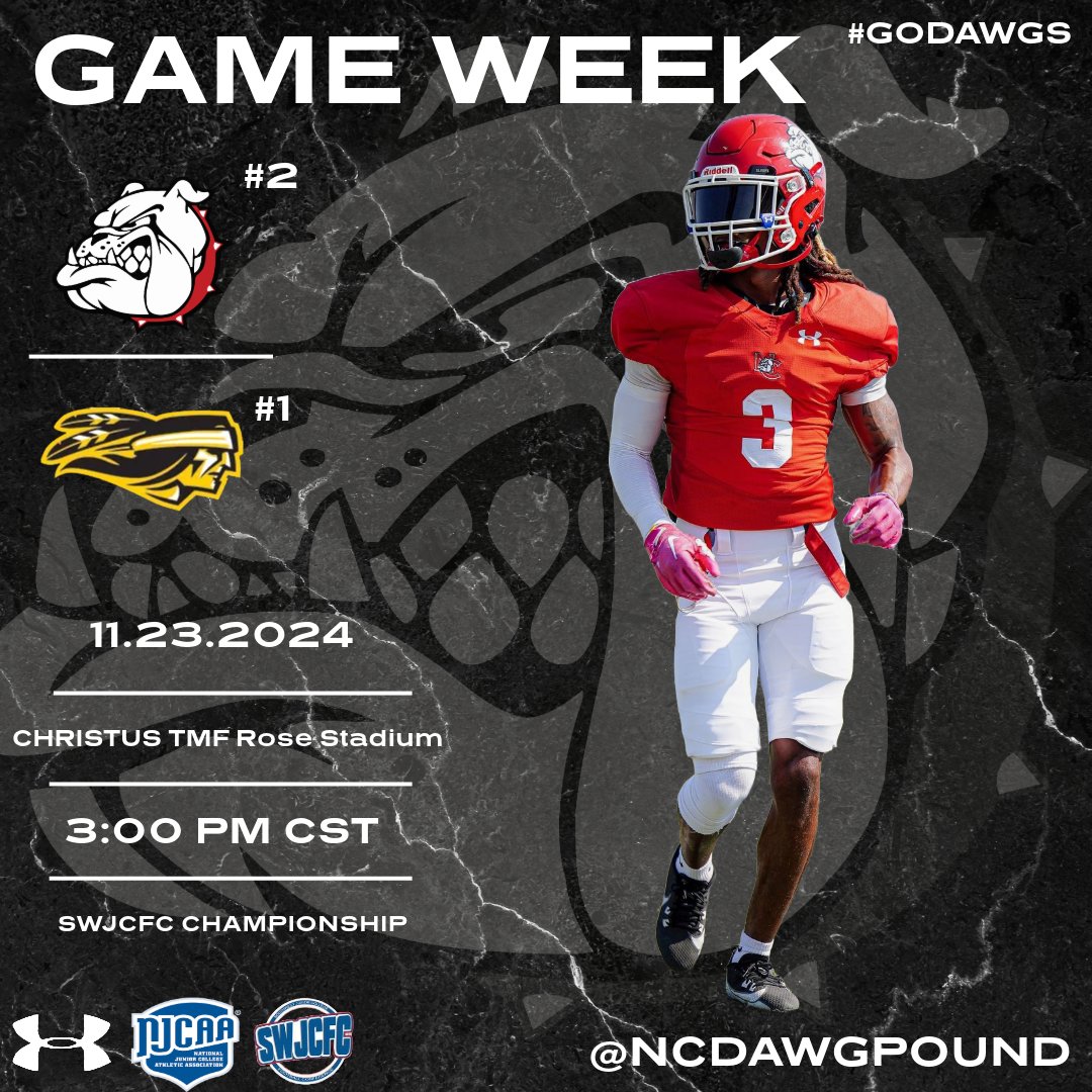 Championship game week is upon us‼️
🕐 3:00 PM CST
🏟️ CHRISTUS TMF Rose Stadium
📆 Saturday, Nov 23 
🏆 SWJCFC Championship

#Together🐶🐾 #RepNC #GoDawgs