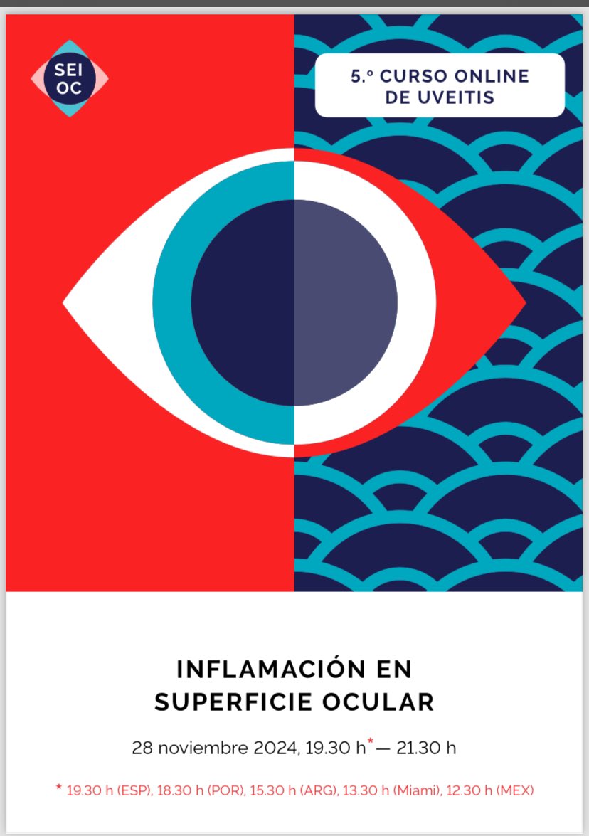 SEIO_uveitis's tweet image. 28/11/24, 7:30pm👇🏻👇🏻👇🏻👇🏻
5o curso online de la SEIOC, con los expertos:
Carlos Rocha, @pedroarrivilla Nicolas Alejandre, @maitesainzmaza, Lucia Ibares, Carmen Alba, Ines Herranz
