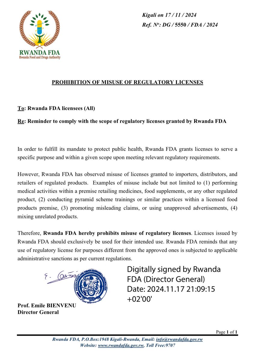 🔈 Rwanda FDA reminds all licensees to comply strictly with the intended scope of their regulatory licenses. Misuse of licenses, including unauthorized activities or misleading claims, is prohibited and subject to sanctions. Read more details below ⤵️:
 #PublicHealth