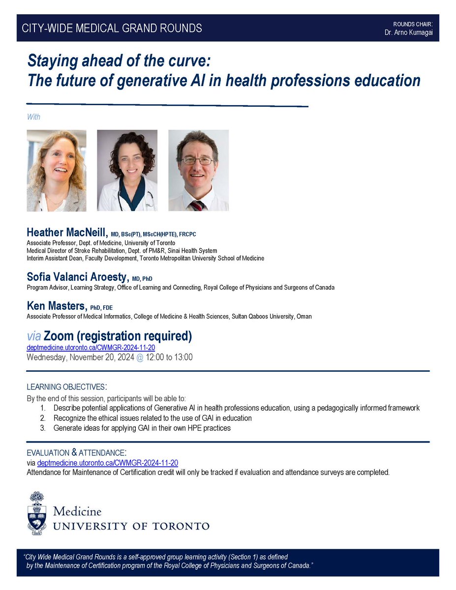 Join City Wide Medical Grand Rounds on Gen. AI in Health Professions Education on Wed, Nov 20 at 12 noon. Registration is required. 
deptmedicine.utoronto.ca/CWMGR-2024-11-…