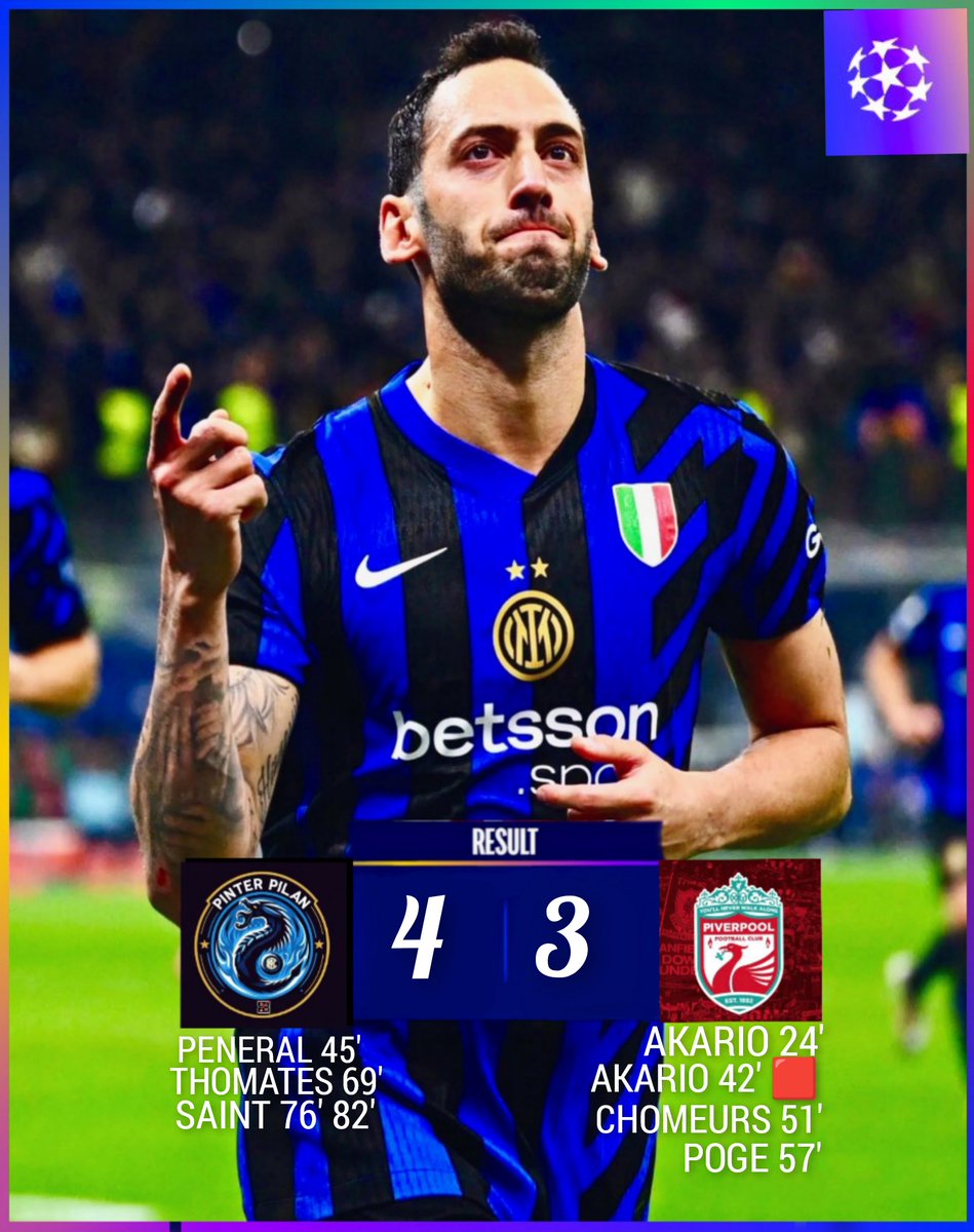𝐓𝐄𝐑𝐌𝐈𝐍𝐄́⌛

PINTER🇮🇹 4 - 3 🏴󠁧󠁢󠁥󠁮󠁧󠁿 PIVERPOOL   

✨ Un sans faute de nos  Pinteristes🇮🇹 qui une nouvelle fois s'impose 4-3 face a Piverpool et prend la tête de la Phrase de FCL 💥!