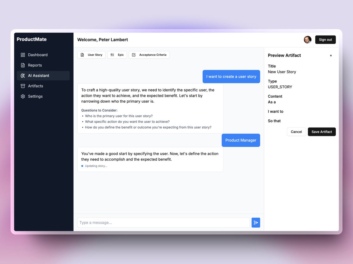 ProductMate update - it's hard to illustrate the progress in a screenshot, but behind the scenes we're getting the assistant to write feedback and recommendations in JSON format. Which we can then display in a nice list. 

I'll try and share a short video tomorrow. #buildinpublic