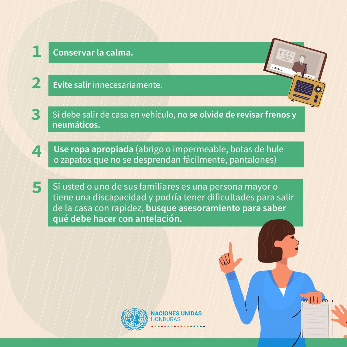 ONUHonduras's tweet photo. 🌧️ Tras el paso de la Tormenta Sara y sus lluvias remanentes, te recordamos no bajar la guardia y seguir estas recomendaciones.
🔹 Ante una emergencia, llama al 📞911.
¡La prevención salva vidas! Actúa con precaución ⚠️ #RedHumanitaria https://t.co/W24LLw6fdv