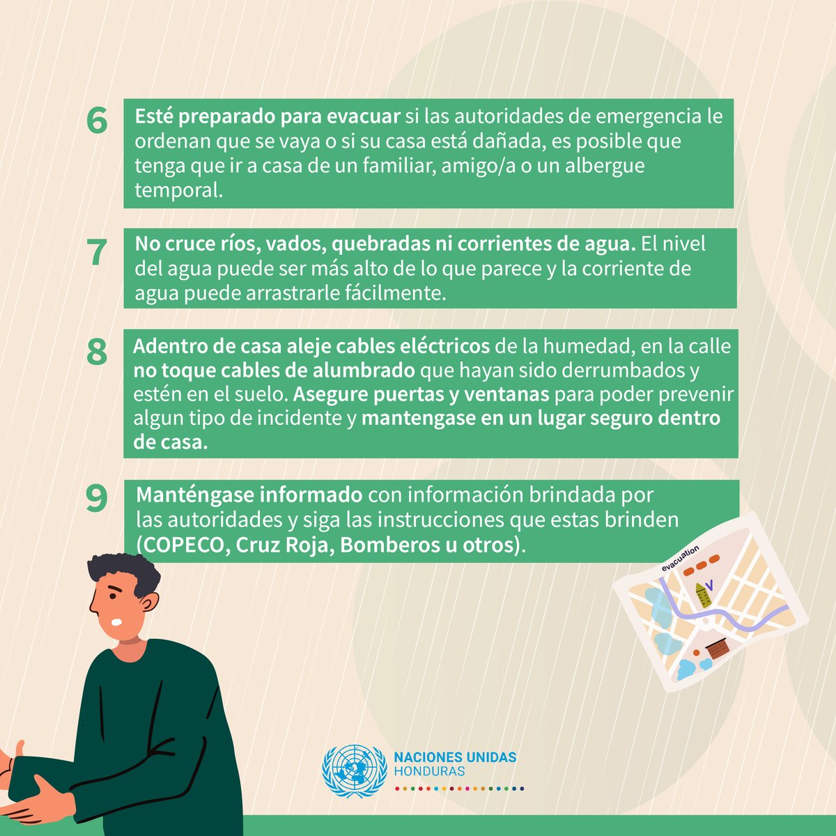 ONUHonduras's tweet photo. 🌧️ Tras el paso de la Tormenta Sara y sus lluvias remanentes, te recordamos no bajar la guardia y seguir estas recomendaciones.
🔹 Ante una emergencia, llama al 📞911.
¡La prevención salva vidas! Actúa con precaución ⚠️ #RedHumanitaria https://t.co/W24LLw6fdv